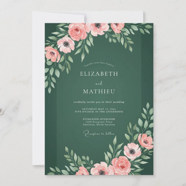 Convite Elegante Casamento Botânico Verde Esmeralda (Frente)