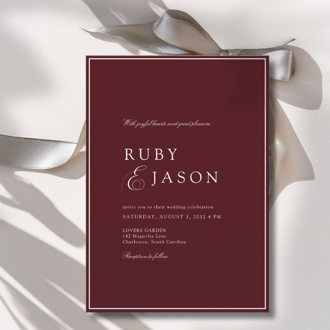 Convite Elegante Casamento Burgundy e Branco com Letra Reb (Elegant Royal Burgundy & White Script Wedding Invitation)