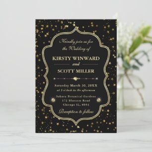 Convite Elegante Casamento Celestial com Estrelas Preto e 