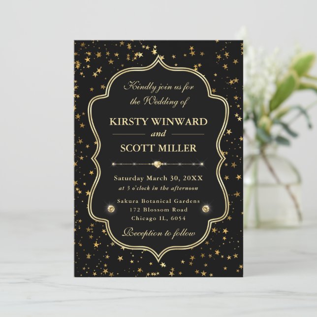 Convite Elegante Casamento Celestial com Estrelas Preto e  (Em pé/Frente)