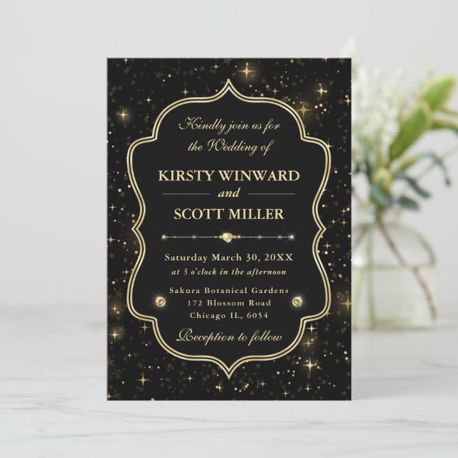 Convite Elegante Casamento Celestial com Estrelas Preto e  (Em pé/Frente)