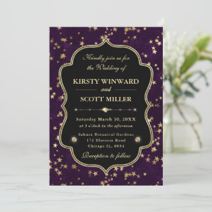 Convite Elegante Casamento Celestial com Estrelas Roxo e D