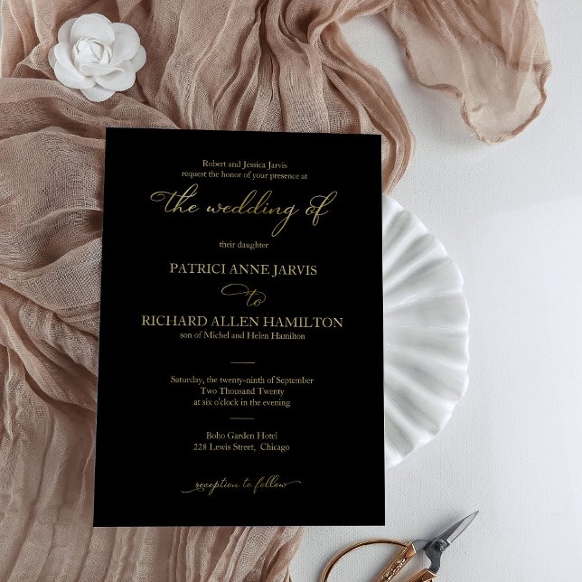 Convite Elegante Casamento Clássico em Preto e Dourado (Criador carregado)
