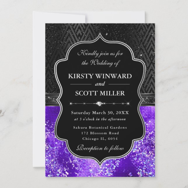 Convite Elegante Casamento com Brilho Preto Prata Roxo (Frente)