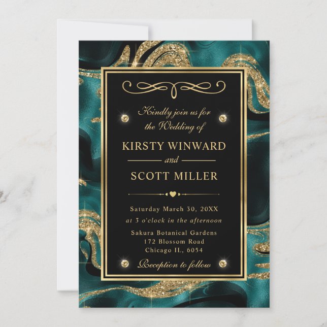 Convite Elegante Casamento com Brilho Teal Derretido e Dou (Frente)