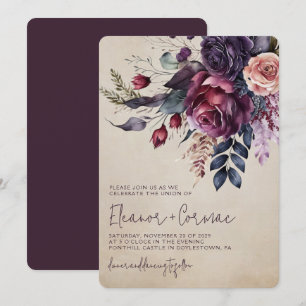 Convite Elegante Casamento com Floral em Burgundy em Aquar