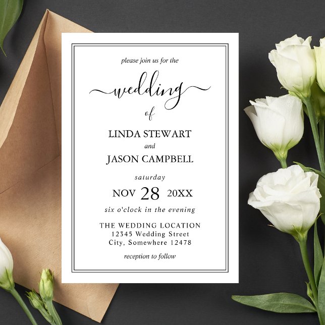 Convite Elegante Casamento com Fonte Clássica em Preto e B (Elegant black and white script invitation sets a timeless tone for your wedding day.)