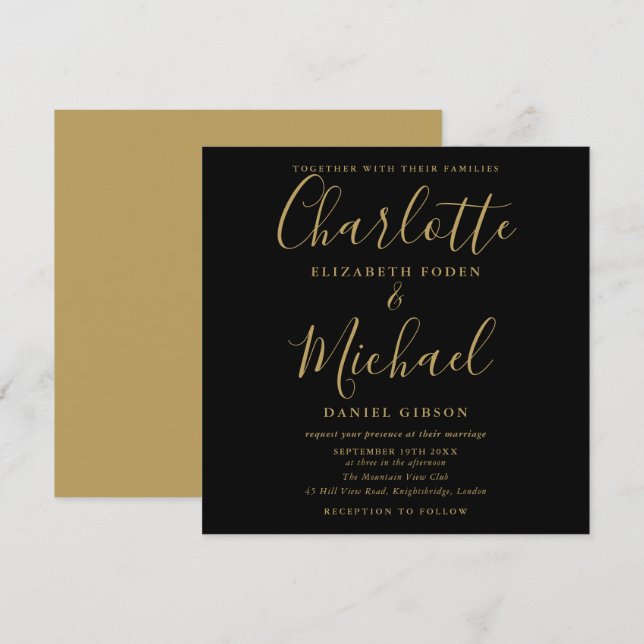 Convite Elegante Casamento com Letra de Assinatura Preta e (Frente/Verso)