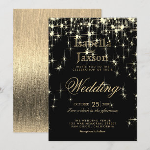 Convite Elegante Casamento com Luzes de Estrelas em Preto 