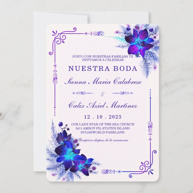 Convite Elegante casamento com orquídeas azuis e roxas (Frente)
