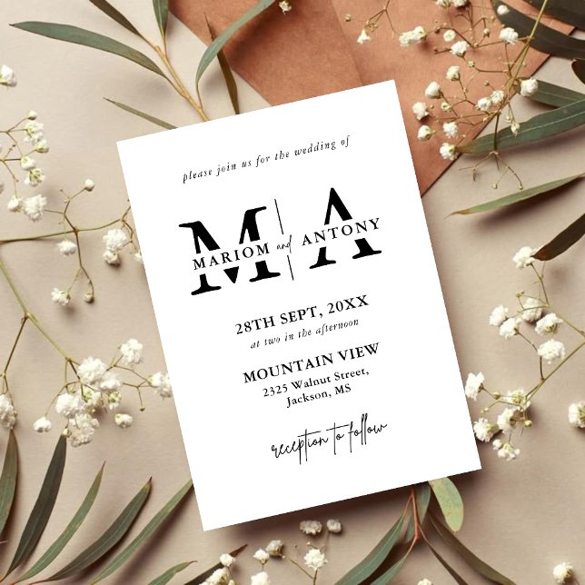 Convite Elegante Casamento com Roteiro Clássico Preto e Br (Elegant black and white script invitation brings timeless sophistication to your wedding day)