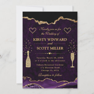 Convite Elegante Casamento de Ágata Brilhante Roxo e Doura