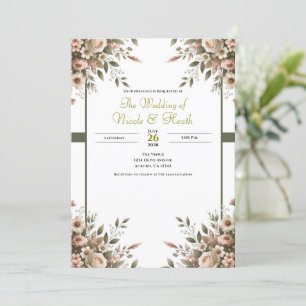 Convite Elegante Casamento de Canto Floral em Verde Oliva