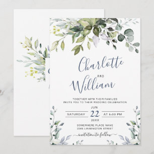 Convite Elegante Casamento de Eucalipto com Aquarela Verde