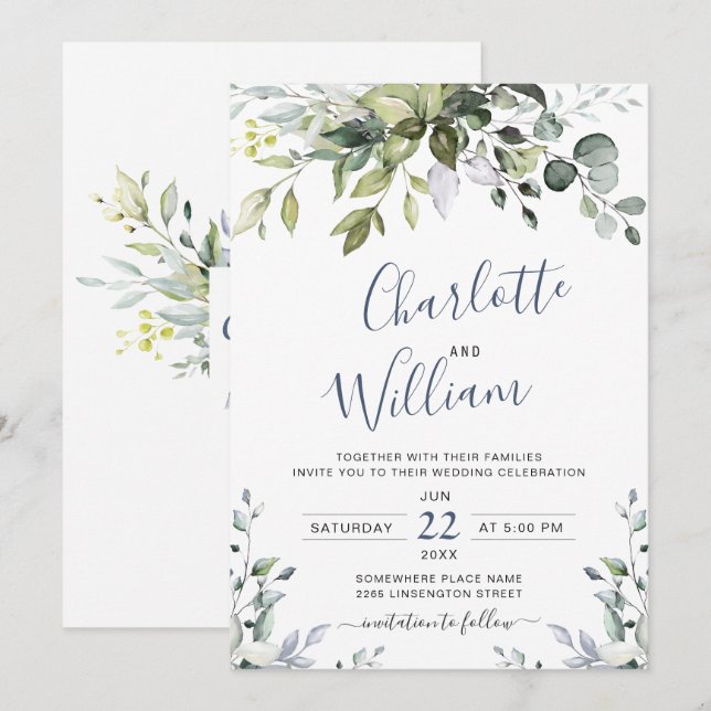 Convite Elegante Casamento de Eucalipto com Aquarela Verde (Frente/Verso)
