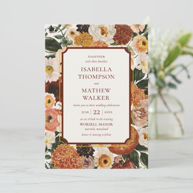 Convite Elegante Casamento de Flor Silvestre Boho Borgonha (Em pé/Frente)
