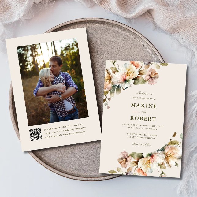 Convite Elegante Casamento de Foto com Código QR Botânico  (Elegant floral botanical QR code photo wedding invitation with elegant botanical charm.)