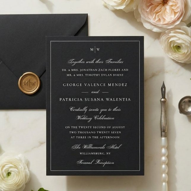 Convite Elegante Casamento de Gravata Preta com Monograma (Criador carregado)