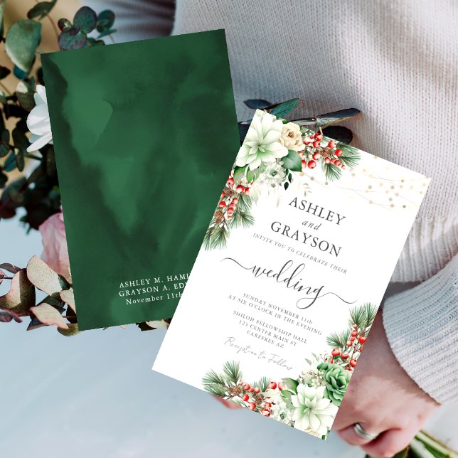 Convite Elegante Casamento de Inverno com Flores Esmeralda (Criador carregado)