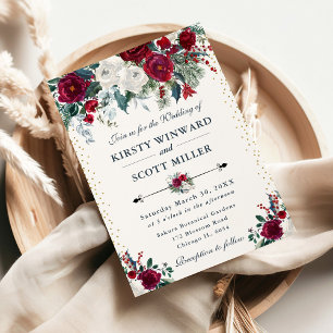 Convite Elegante Casamento de Inverno em Burgundy e Floral