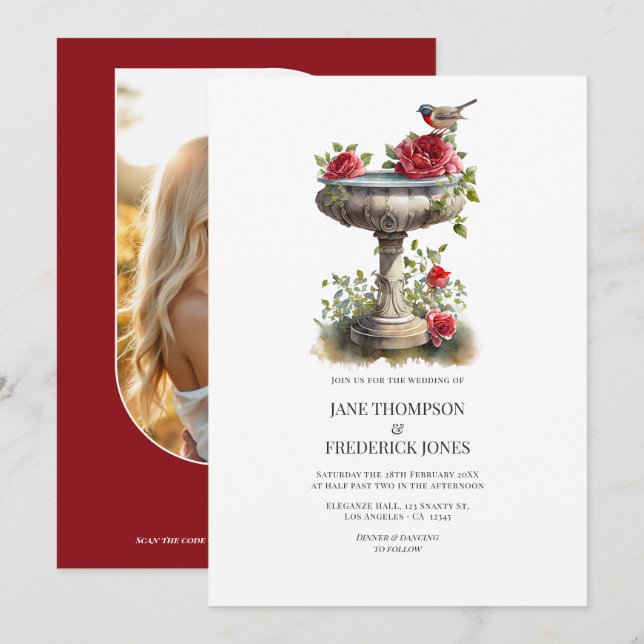 Convite Elegante Casamento de Jardim com Foto e Código QR (Frente/Verso)