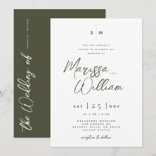 Convite Elegante Casamento de Letra Moderna Azeitona e Bra