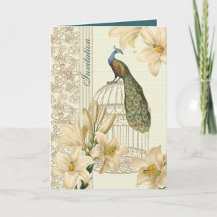 Convite elegante casamento de pavão floral lírio branco Vi