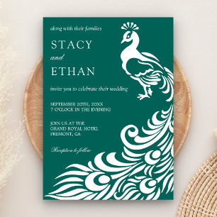 Convite Elegante Casamento de Pavão Verde Mar e Branco