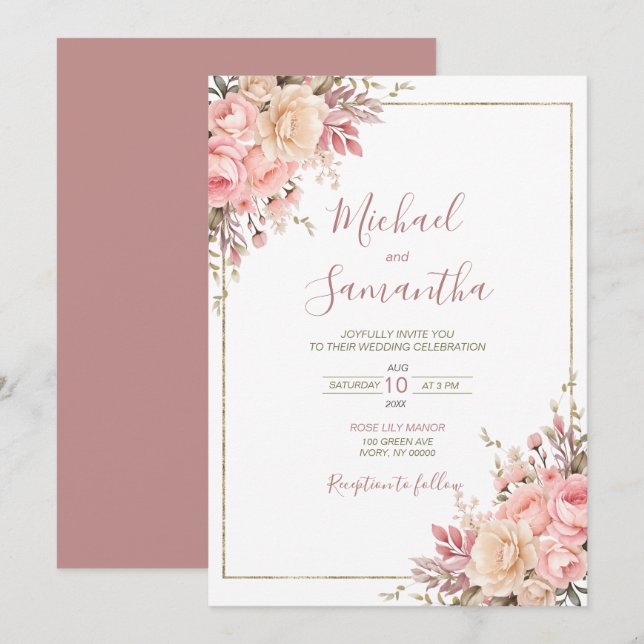 Convite Elegante Casamento de Primavera com Rosa e Marfim (Frente/Verso)