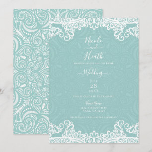 Convite Elegante Casamento de Renda Branca Turquesa Azul-e