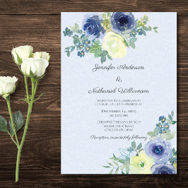 Convite Elegante Casamento de Rosas em Aquarela Azul e Mar