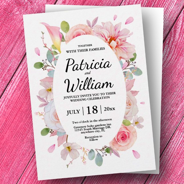 Convite Elegante Casamento de Rosas Florais Rosa (Elegant Floral Pink Roses Wedding Invitation, Save the Date Invitation, Custom Wedding)