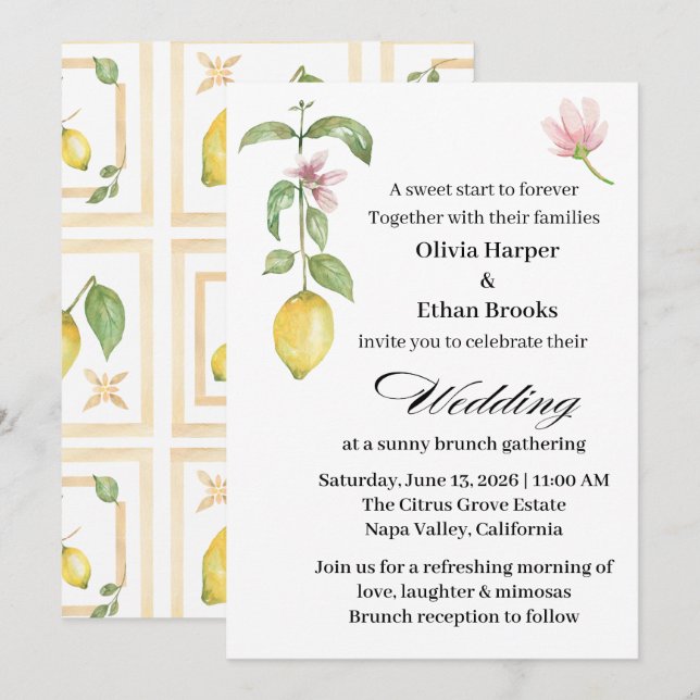 Convite Elegante Casamento de Verão com Flor de Limão Cítr (Frente/Verso)