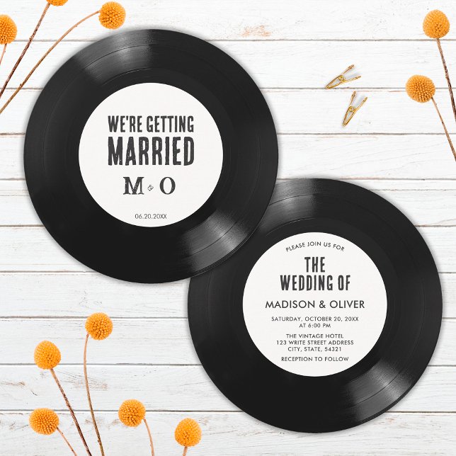 Convite Elegante Casamento de Vinil Preto e Branco Retrô (Front/Back)