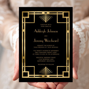 Convite Elegante Casamento Deco Vintage 1920 Preto Dourado