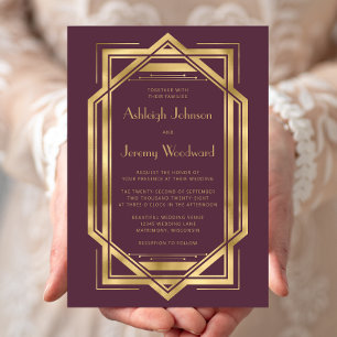 Convite Elegante Casamento Deco Vintage Burgundy Dourado d
