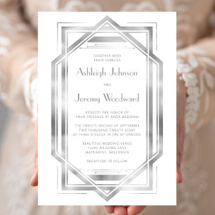 Convite Elegante Casamento Deco Vintage Prata Branco dos A