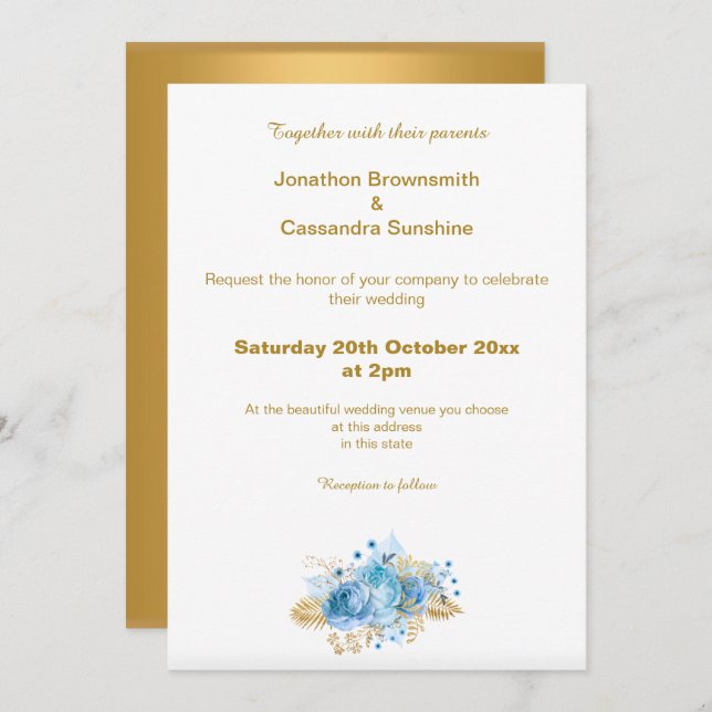 CONVITE ELEGANTE CASAMENTO DOURADO FLORAL AZUL DOURADO SIM (Frente/Verso)