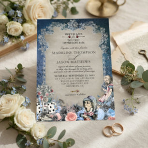 Convite Elegante Casamento Dusty Blue Alice no País das Ma