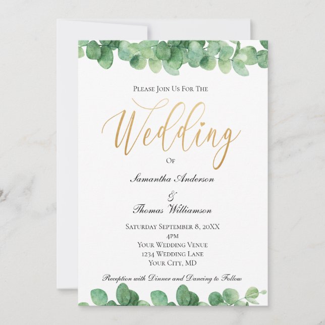 Convite Elegante Casamento Eucalipto Verde Dourado Script (Frente)