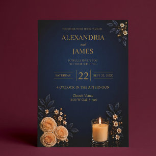 Convite Elegante Casamento Floral Azul Naval Dourado