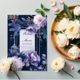 Convite Elegante Casamento Floral Azul Naval Lavanda Branc