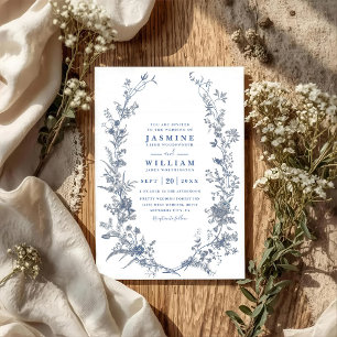 Convite Elegante Casamento Floral Azul Vintage Francês Cód