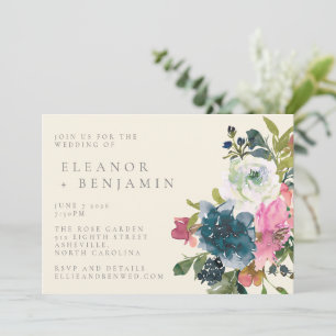 Convite Elegante Casamento Floral Boho Rosa Azul Marinho e