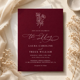 Convite Elegante Casamento Floral Botânico Borgonha