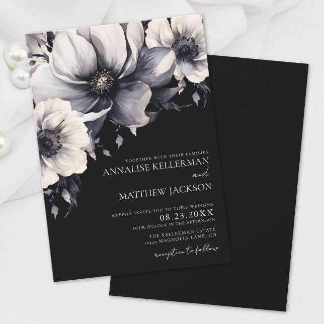Convite Elegante Casamento Floral Branco Moderno (Elegant Modern White Black Floral Wedding Invitation)