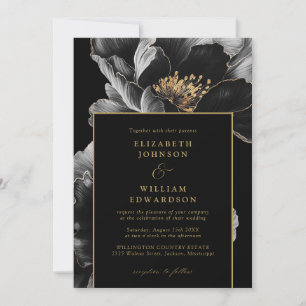Convite Elegante Casamento Floral Chic Preto e Dourado