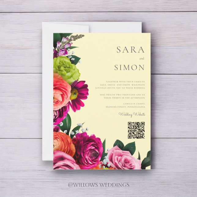 Convite elegante casamento floral com código QR moderno (modern wedding website qr code vibrant florals wedidng invitation )