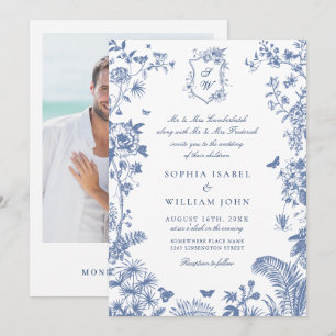 Convite Elegante Casamento Floral de Jardim Francês em Azu