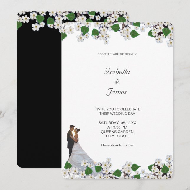 Convite Elegante Casamento Floral de Jasmim Preto e Branco (Frente/Verso)